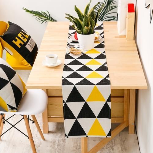 160cm DUNXDECO Table Runner Long Table Cover Fabric Modern Yellow Black Triangle Geometric Cotton Blend Mat Home Decoration