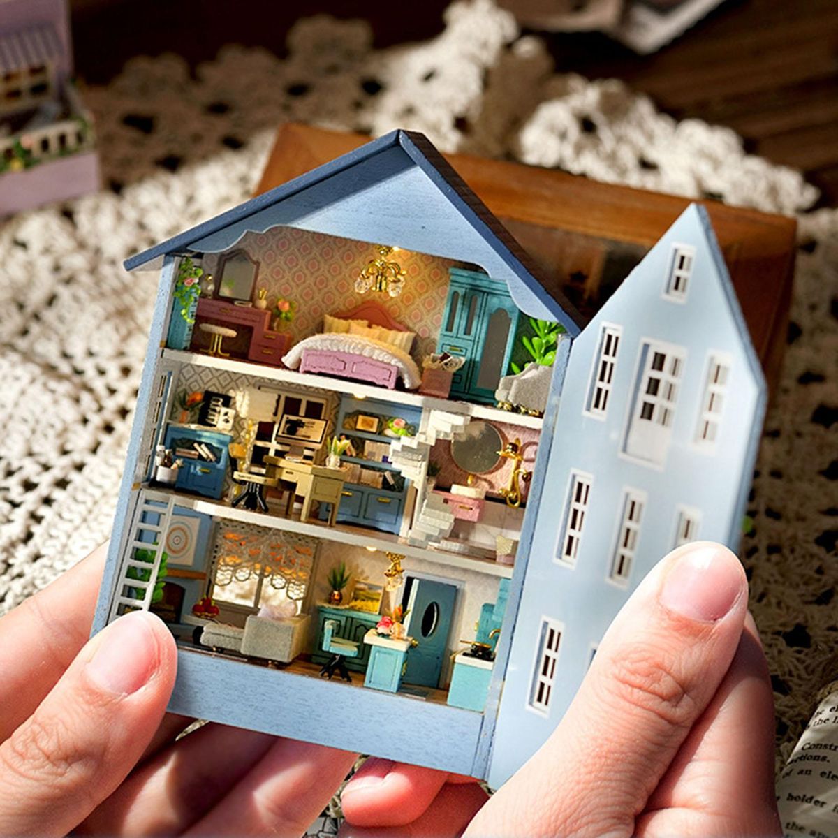 1 Set House Building Toy Wooden DIY Miniature House Children Toy Blue