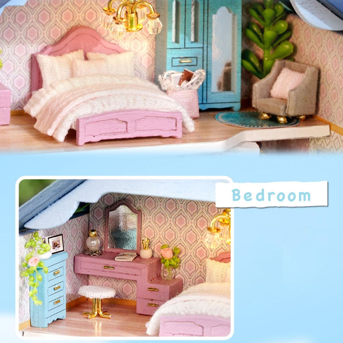 1 Set House Building Toy Wooden DIY Miniature House Children Toy Blue