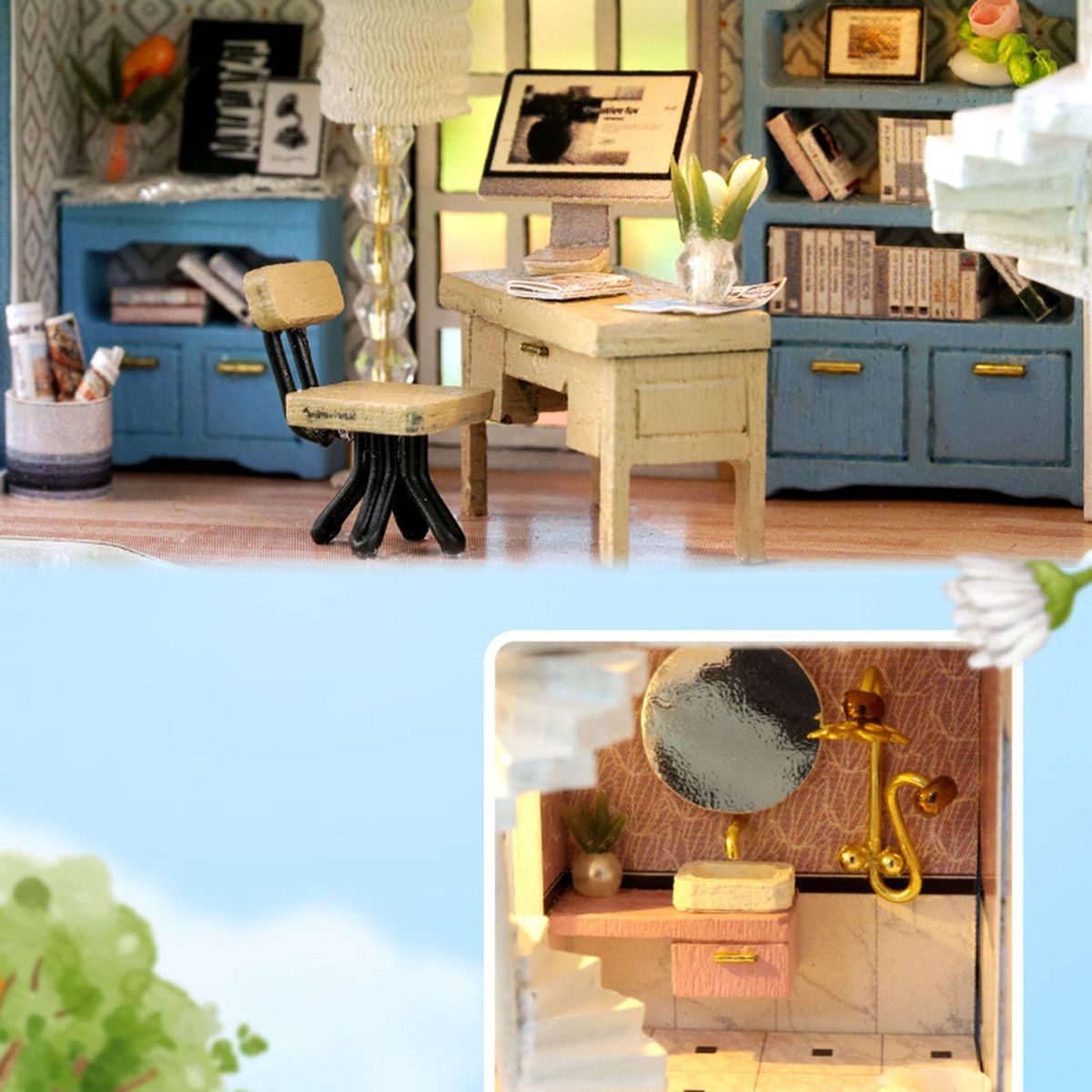 1 Set House Building Toy Wooden DIY Miniature House Children Toy Blue