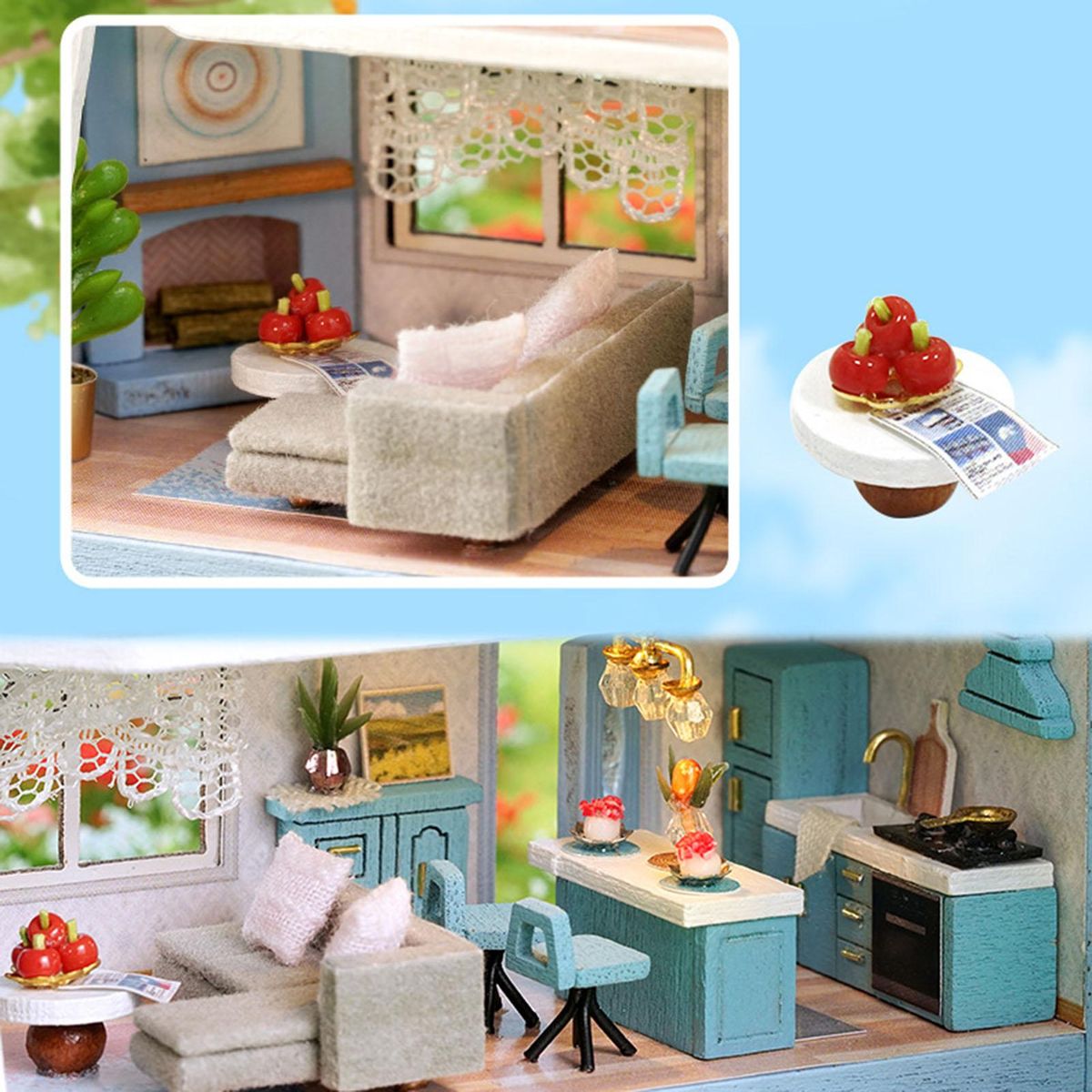 1 Set House Building Toy Wooden DIY Miniature House Children Toy Blue