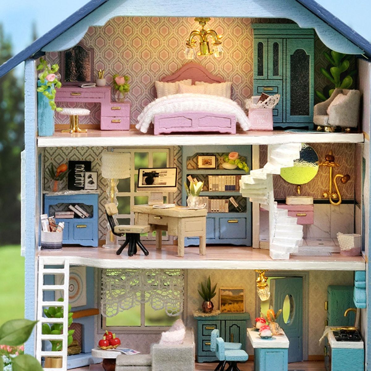 1 Set House Building Toy Wooden DIY Miniature House Children Toy Blue
