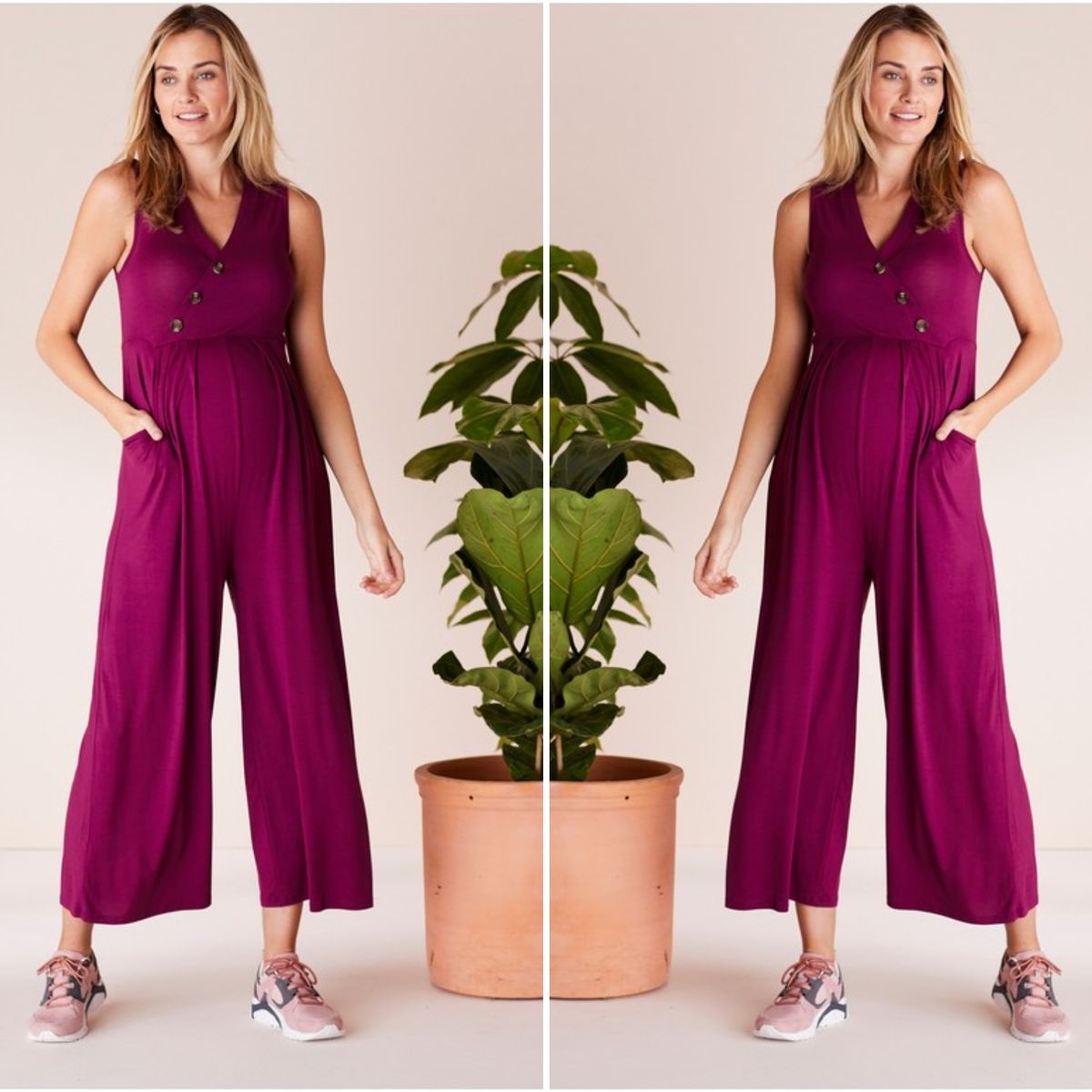 Button Front Berry Maternity And Nursing Jumpsuit
