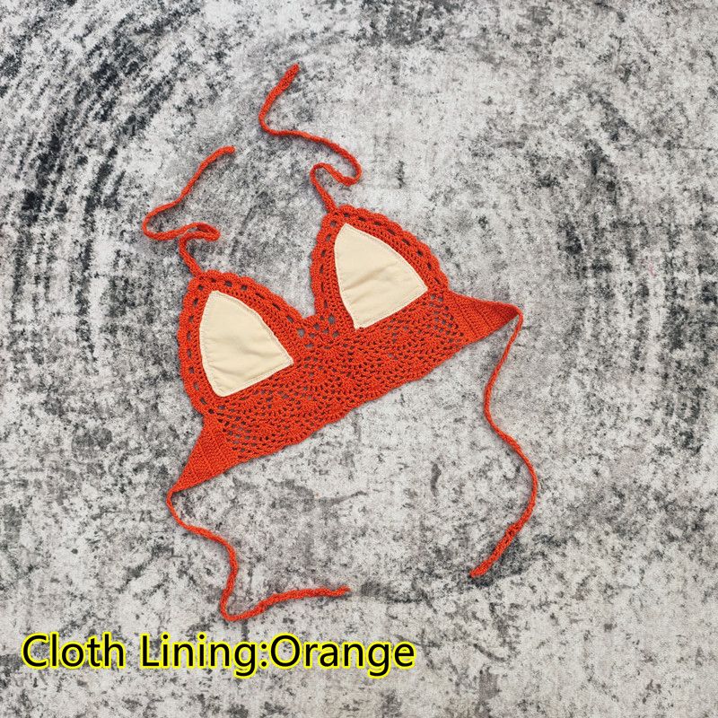 (Cloth Lining Orange)Handmade Crochet Lace Knit Bra Boho Beach Bikini Cami Tank Crop Top Halter SMA