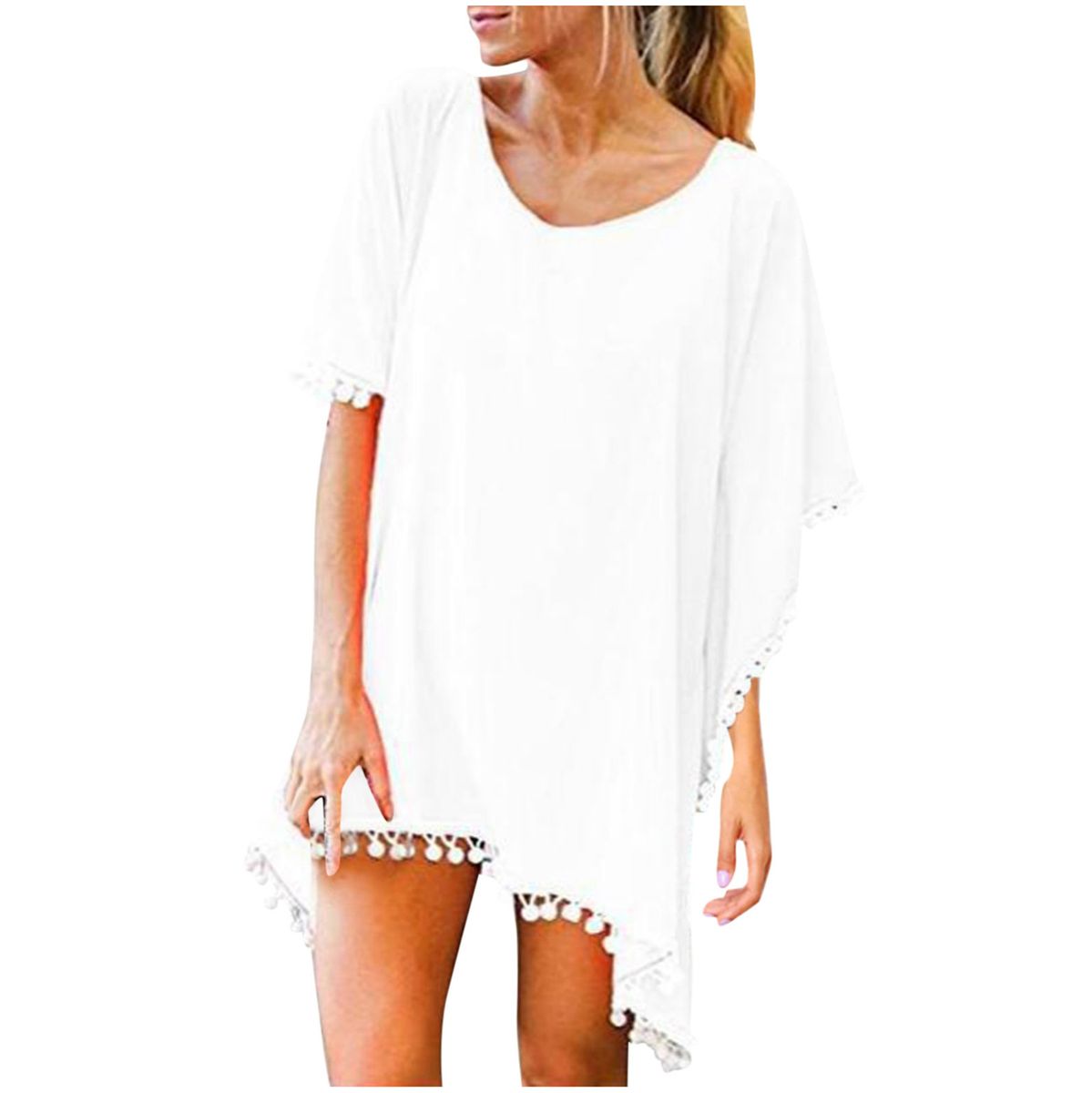 (White -2)Women Chiffon Tassels Swimsuit Cover Up Sexy Bikini Beach Cover Ups Chiffon Blouse Summer Solid Boho Beach Dress Robe De Plage SMA