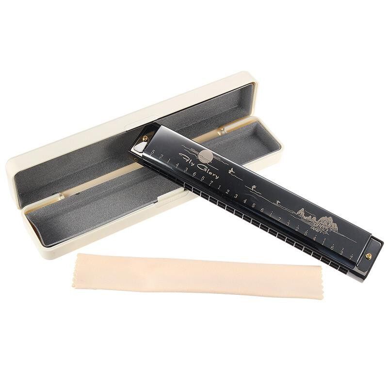 24 Holes Key Tremolo Harmonica In Box 20x5cm Woodwind Instruments Musical Instrument Practice Students Tremolo Harp Black