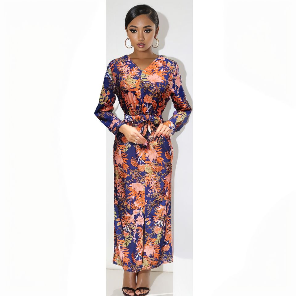 Women New Style Dresses Fashion Ladies Printed V-neck Summer Long Skirt Long Sleeves Dress LH311