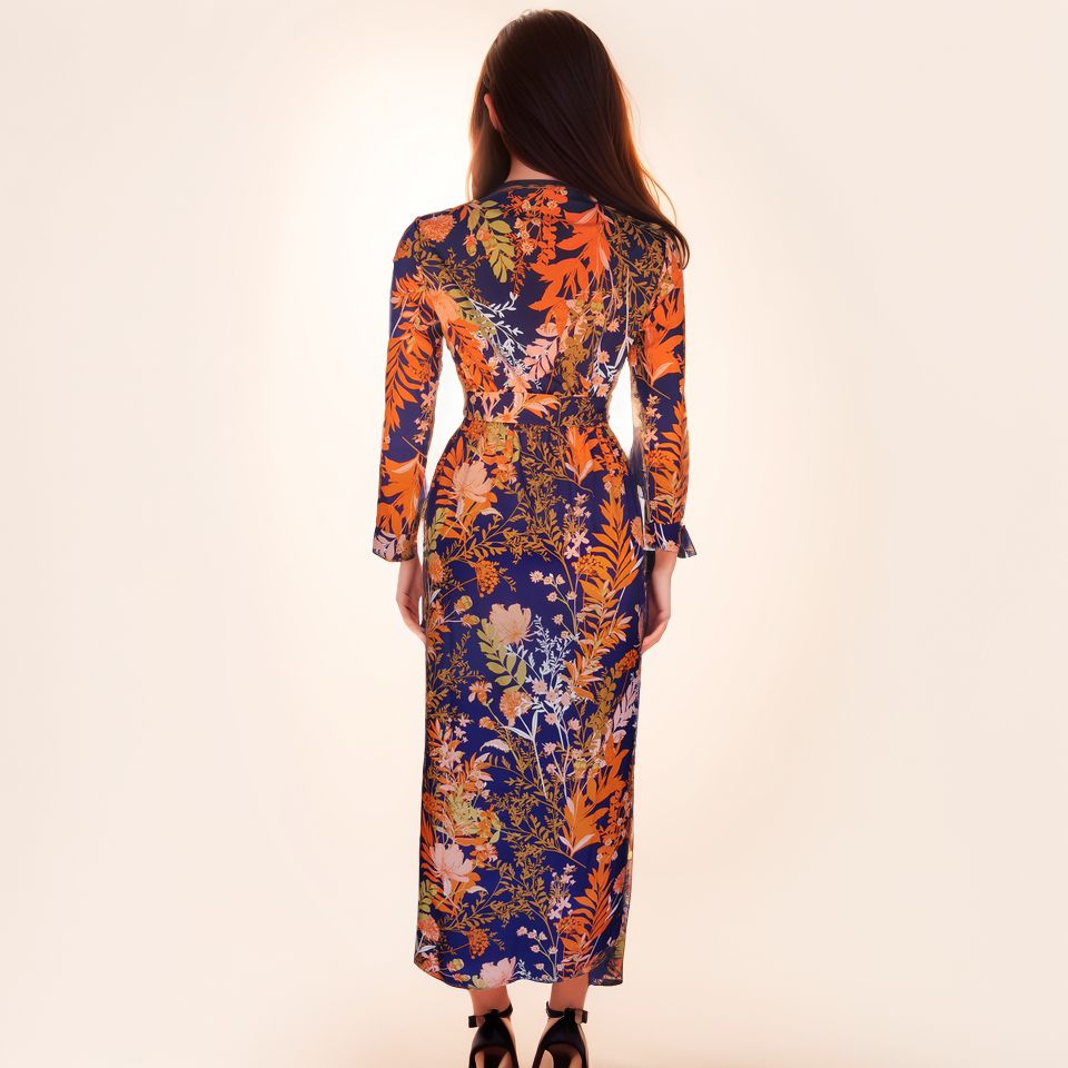 Women New Style Dresses Fashion Ladies Printed V-neck Summer Long Skirt Long Sleeves Dress LH311