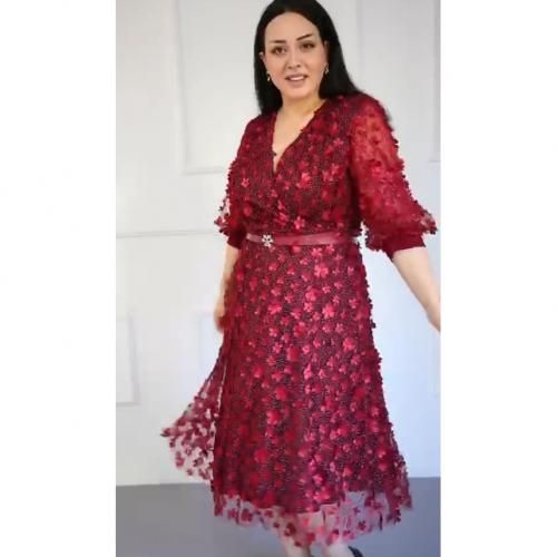 Turkey Lacey V Neck Over Knees Dress-Wine