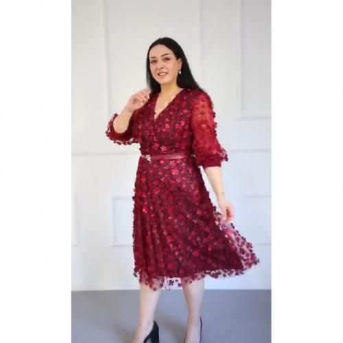 Turkey Lacey V Neck Over Knees Dress-Wine