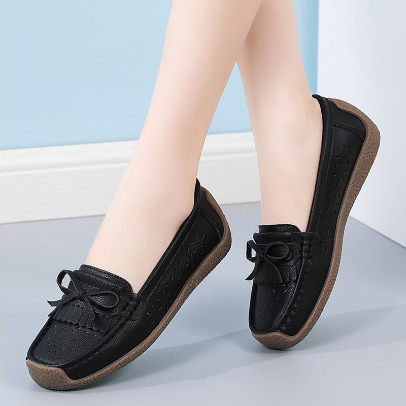 EUR Size 35-44 NEW Women Shoes Oxford Flats Shoes Woman Soft Bottom Cow Leather Women Flats Cut-Outs Summer Hollow Women's Loafers Female Solid Fashion Comfy Slip On Casual Shoes Ladies Ballet Flats Black