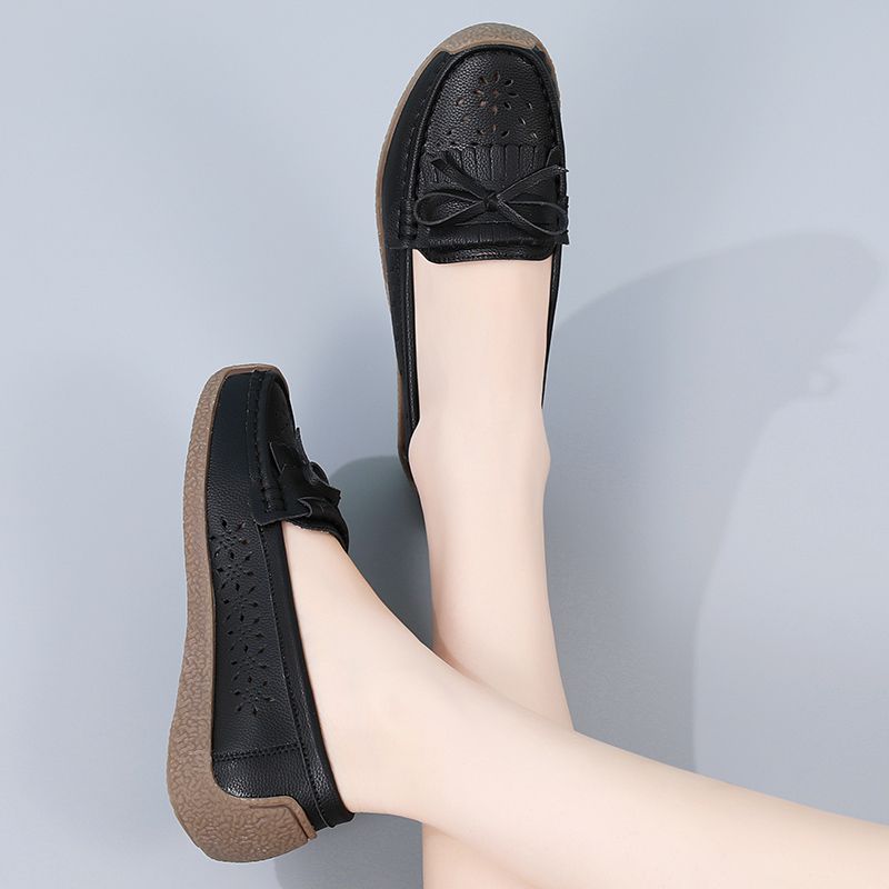 EUR Size 35-44 NEW Women Shoes Oxford Flats Shoes Woman Soft Bottom Cow Leather Women Flats Cut-Outs Summer Hollow Women's Loafers Female Solid Fashion Comfy Slip On Casual Shoes Ladies Ballet Flats Black