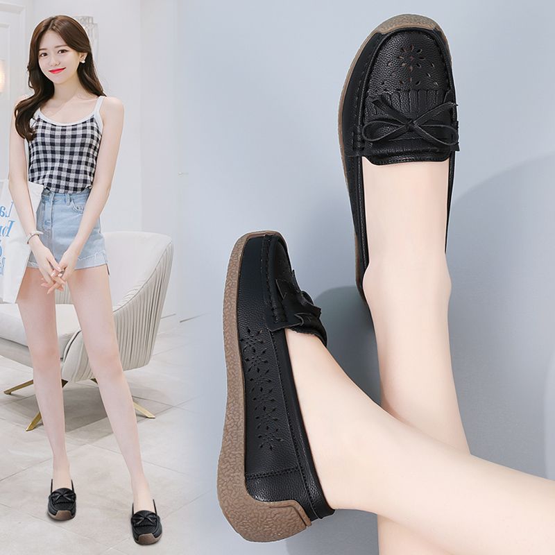 EUR Size 35-44 NEW Women Shoes Oxford Flats Shoes Woman Soft Bottom Cow Leather Women Flats Cut-Outs Summer Hollow Women's Loafers Female Solid Fashion Comfy Slip On Casual Shoes Ladies Ballet Flats Black