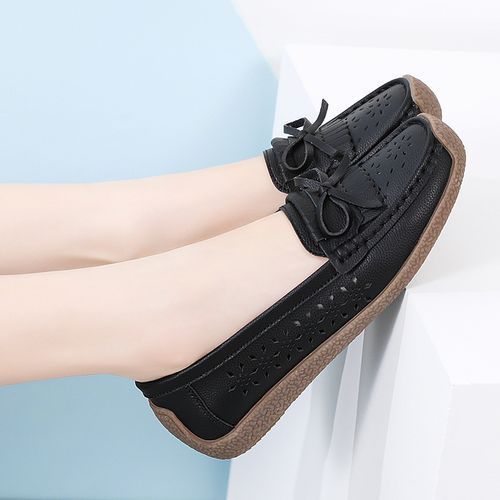EUR Size 35-44 NEW Women Shoes Oxford Flats Shoes Woman Soft Bottom Cow Leather Women Flats Cut-Outs Summer Hollow Women's Loafers Female Solid Fashion Comfy Slip On Casual Shoes Ladies Ballet Flats Black