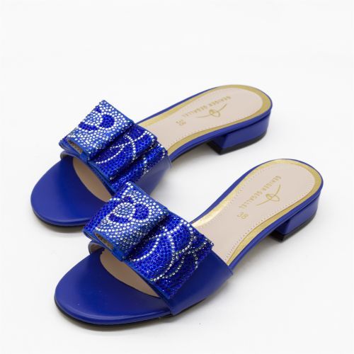 1551-11 Blue Floral Slides For Women Ladies Summer Shoes Flat Slippers