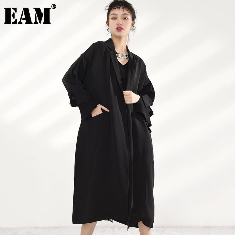Women Pocket Black Long Big Size Trench New Lapel Long Sleeve Loose Fit