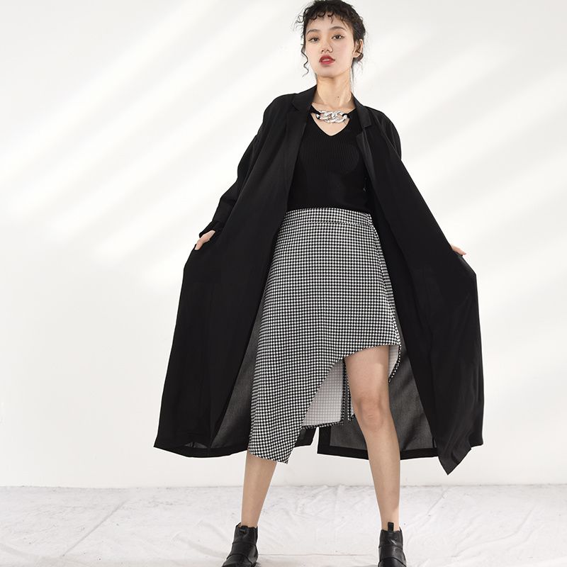 Women Pocket Black Long Big Size Trench New Lapel Long Sleeve Loose Fit