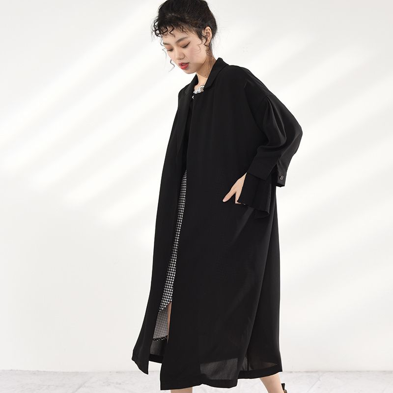 Women Pocket Black Long Big Size Trench New Lapel Long Sleeve Loose Fit