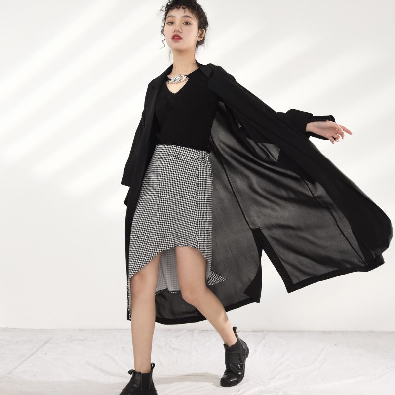 Women Pocket Black Long Big Size Trench New Lapel Long Sleeve Loose Fit