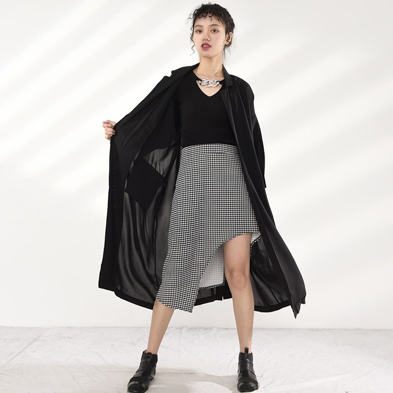 Women Pocket Black Long Big Size Trench New Lapel Long Sleeve Loose Fit