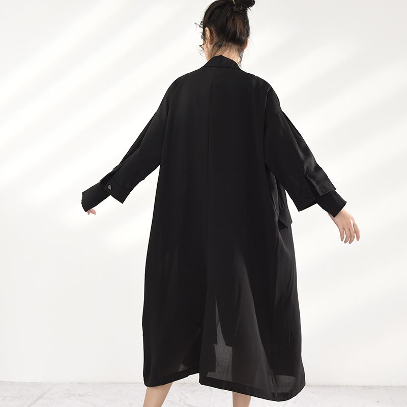 Women Pocket Black Long Big Size Trench New Lapel Long Sleeve Loose Fit