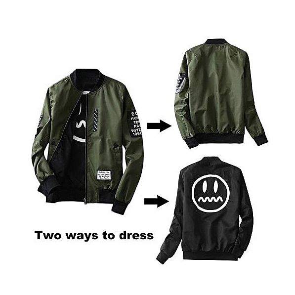 Patchwork Zipper Jacket Bomber Jacket Coat Two Side Double Side-Green