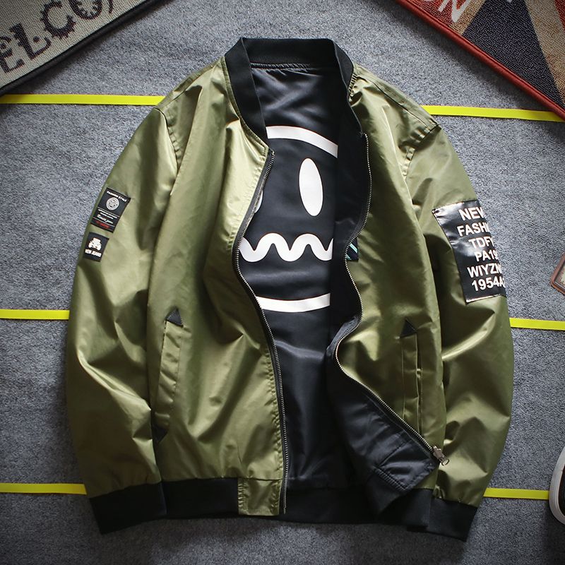Patchwork Zipper Jacket Bomber Jacket Coat Two Side Double Side-Green
