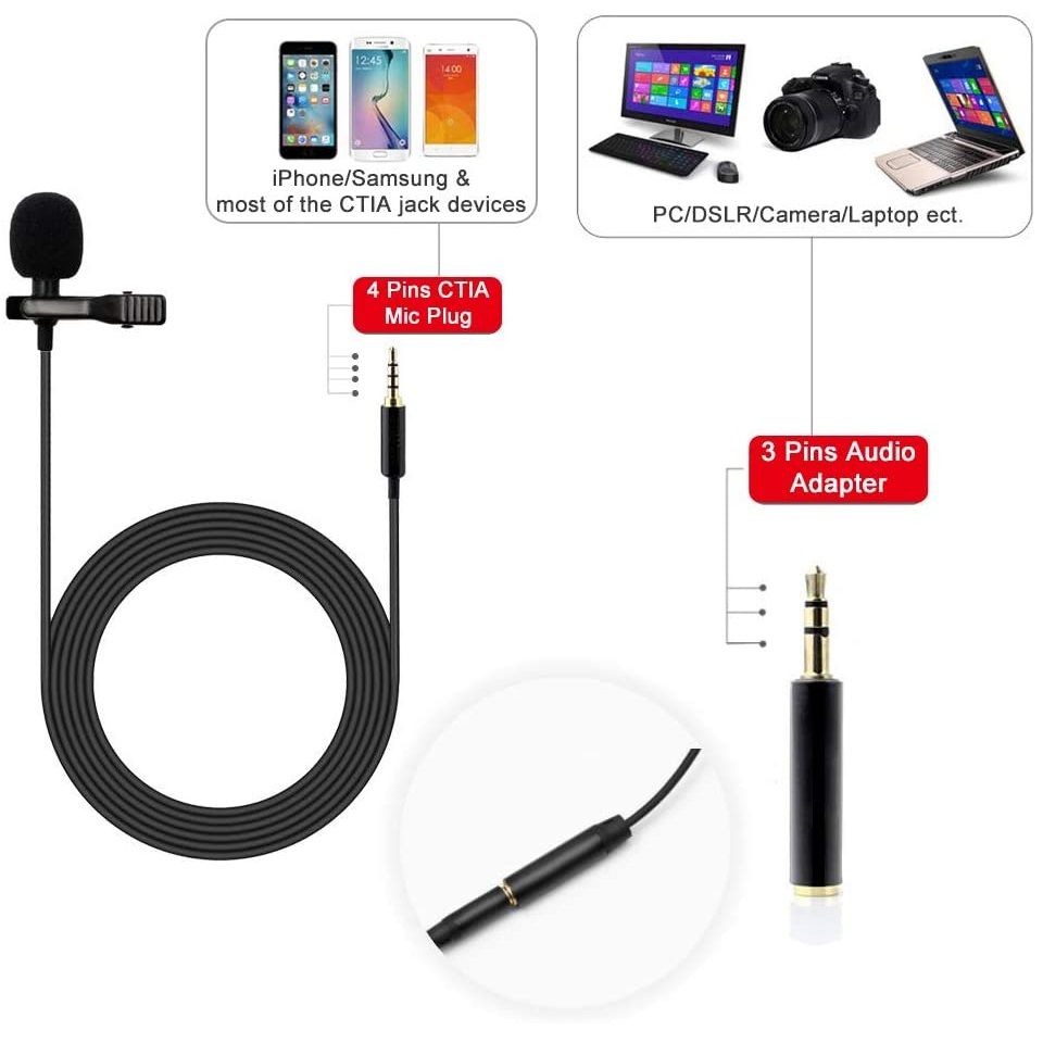 Lapel Microphone Lavalier Clip On Mic Condenser Microphone Interview Audio Recording Microphone Lapel Mic
