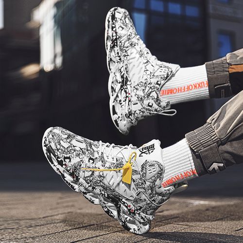 Mens Outdoor Ankle Top Basketball Sneakers-White Black