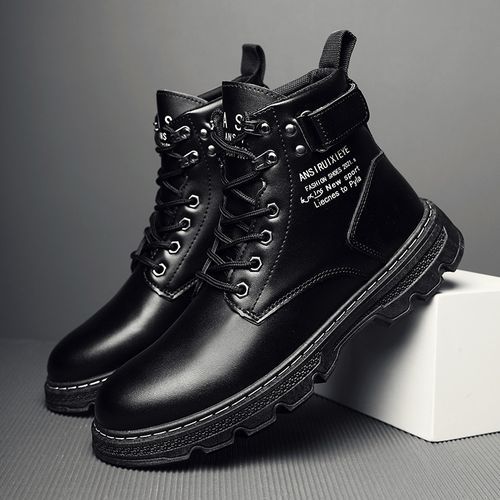 Men's Casual Shoes Thick Soled Black Leather Boots
