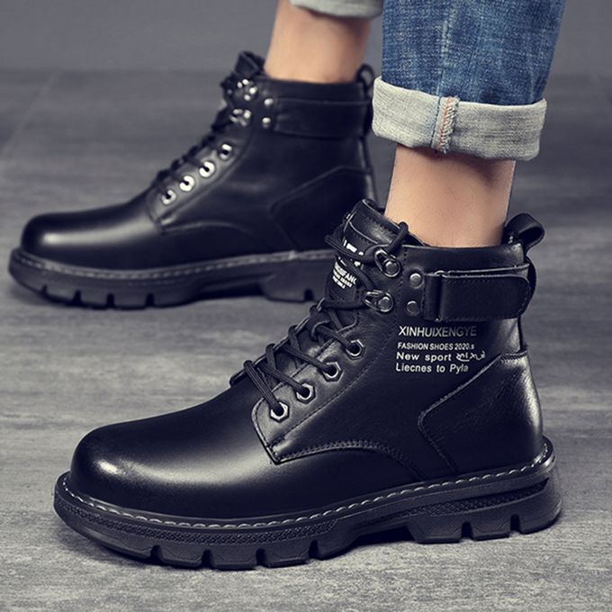 Men's Casual Shoes Thick Soled Black Leather Boots