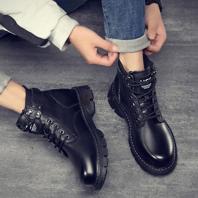 Men's Casual Shoes Thick Soled Black Leather Boots