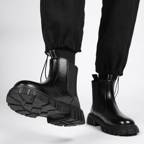 Ultra-Cool Chelsea Boots Men Shoes Black Luxury Fashion Ankle Boots British Style Elegant Leather Chelsea Boots Male Slip On Thick Bottom Platform Shoes Handmade Business Casual Winter Shoes