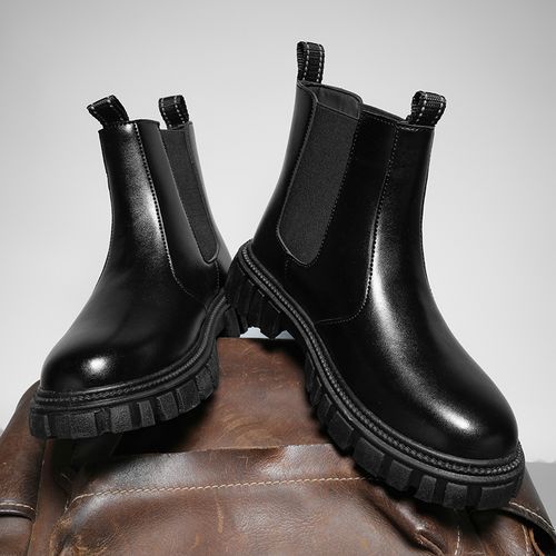 Ultra-Cool Chelsea Boots Men Shoes Black Luxury Fashion Ankle Boots British Style Elegant Leather Chelsea Boots Male Slip On Thick Bottom Platform Shoes Handmade Business Casual Winter Shoes