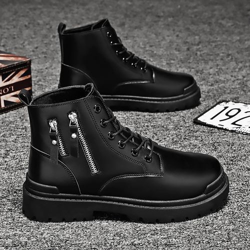 Men's British Style Black Leather Boots Versatile Casual Trend High Boots