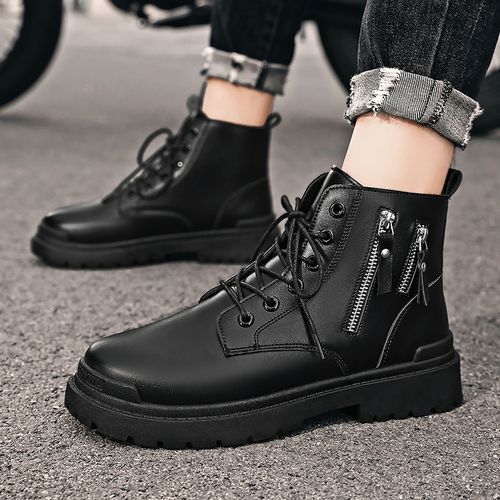 Men's British Style Black Leather Boots Versatile Casual Trend High Boots