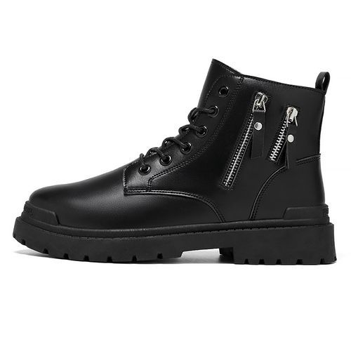 Men's British Style Black Leather Boots Versatile Casual Trend High Boots