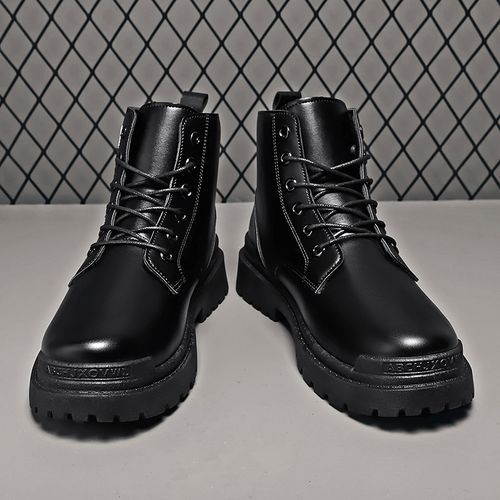 Men's British Style Black Leather Boots Versatile Casual Trend High Boots