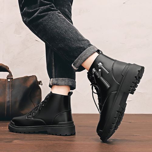 Men's British Style Black Leather Boots Versatile Casual Trend High Boots