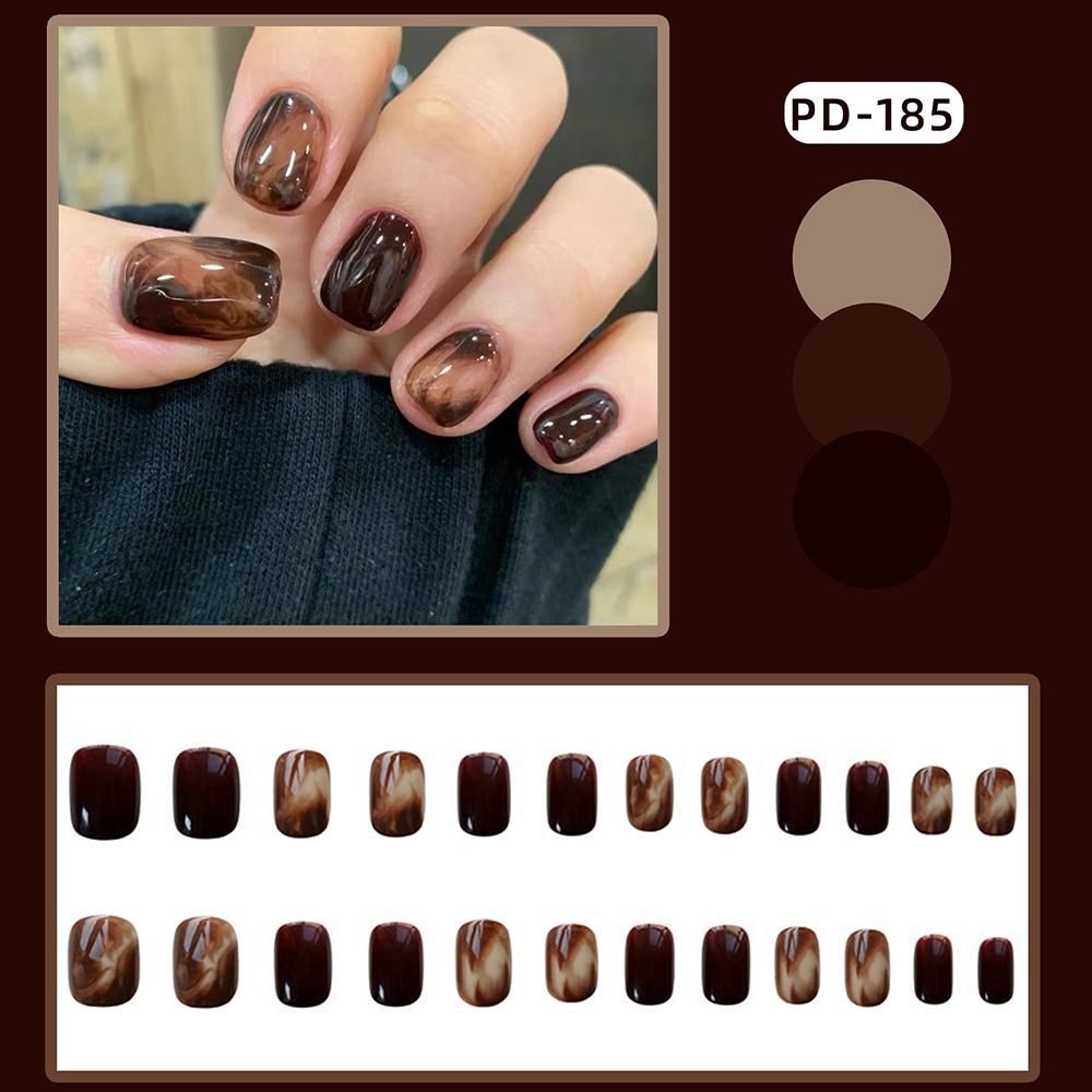 24PCS Short Press on Nail Brown Halos Staining Design
