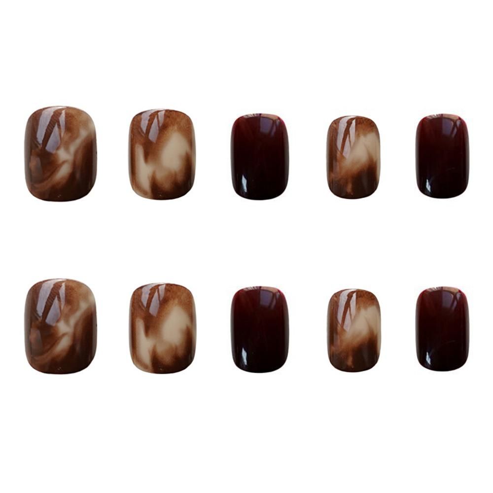 24PCS Short Press on Nail Brown Halos Staining Design