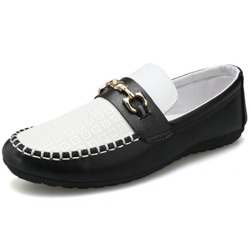 Men's Casual Leather Moccasins Slip On Loafers Driving Shoes - Black & White