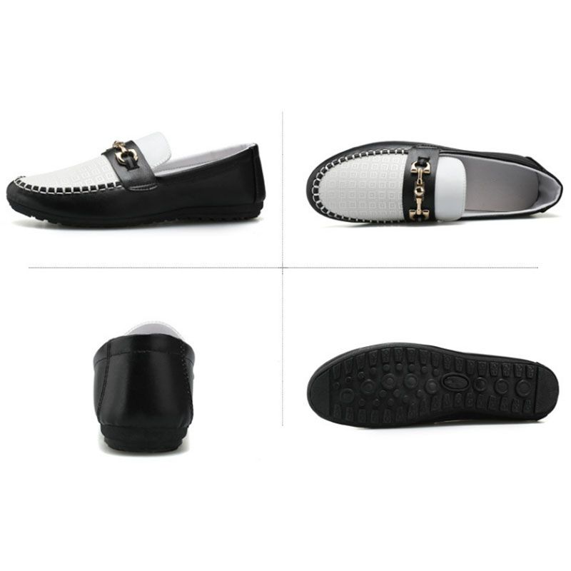 Men's Casual Leather Moccasins Slip On Loafers Driving Shoes - Black & White