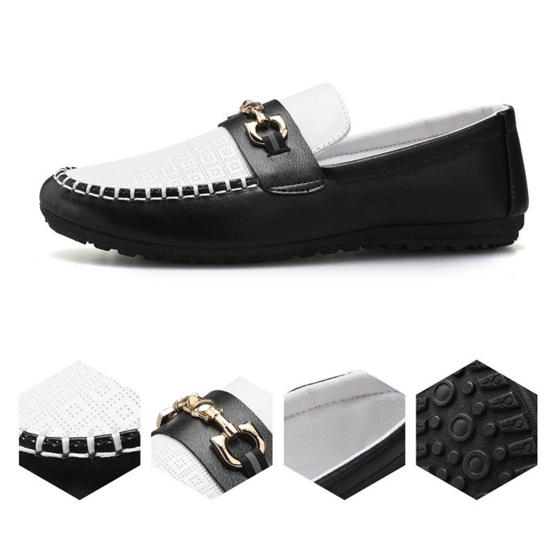 Men's Casual Leather Moccasins Slip On Loafers Driving Shoes - Black & White