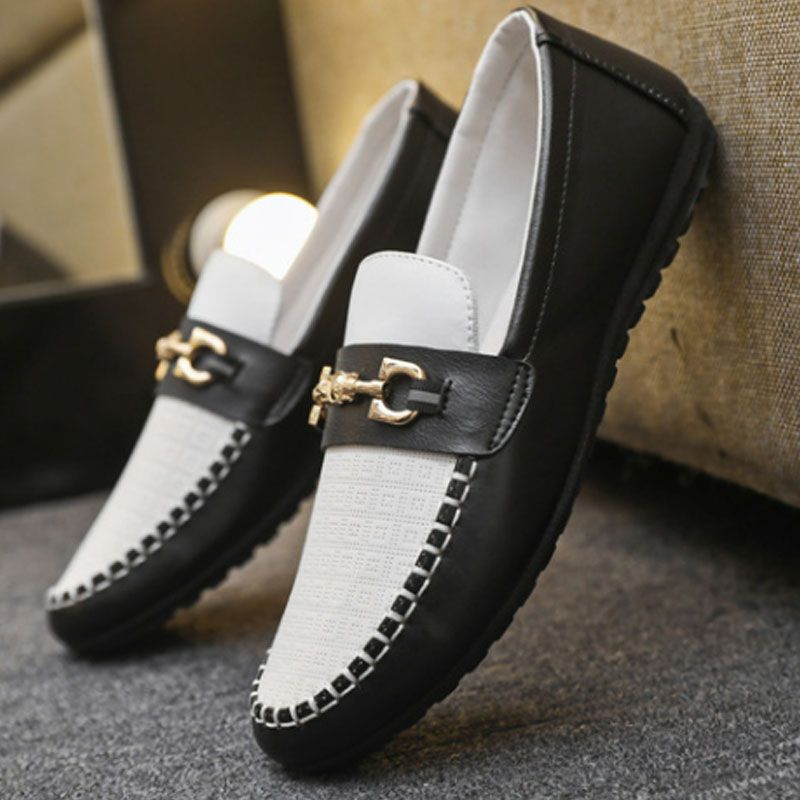Men's Casual Leather Moccasins Slip On Loafers Driving Shoes - Black & White