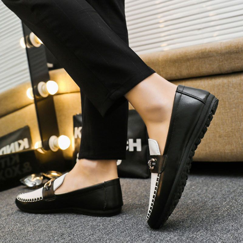 Men's Casual Leather Moccasins Slip On Loafers Driving Shoes - Black & White