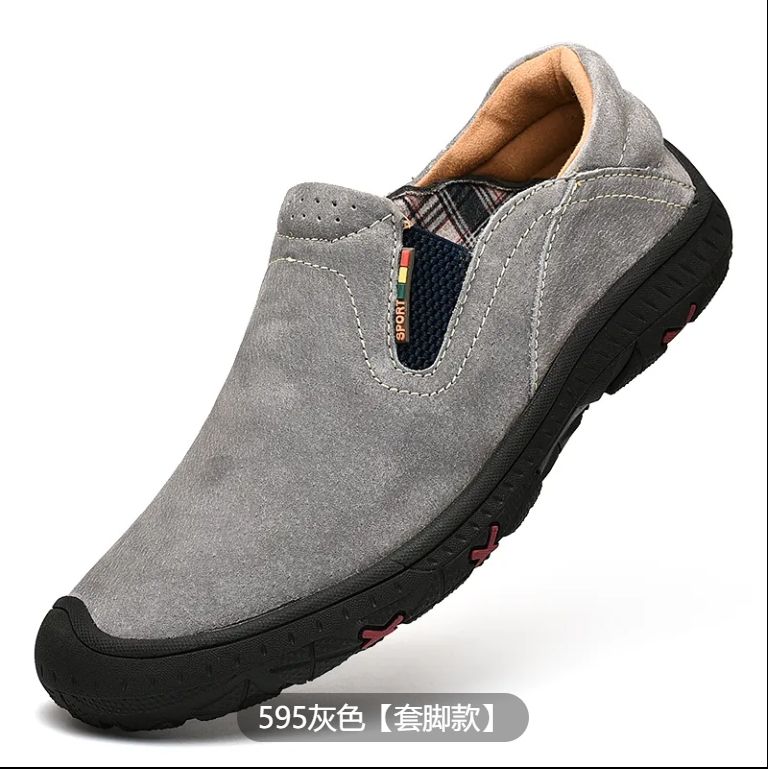Mens Mountain Trekking Shoes Big Size 38-46 High Quality Suede Leather Men Hiking Shoes Outdoor Man Sneakers Male Rubber Wear-resistant Work Shoes Grey