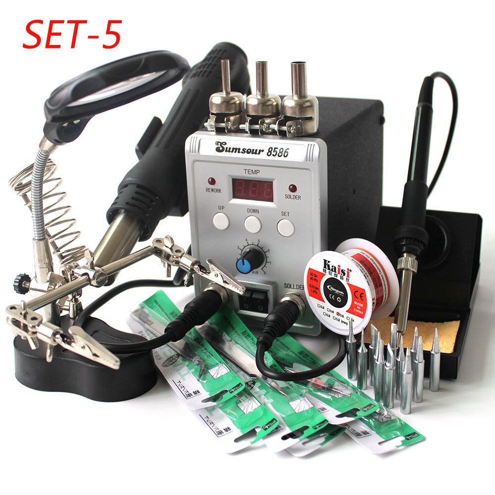 8586 BGA SMD Rework Solder Station 750W 2 In 1 Digital ESD Hot Air Gun Soldering  Station For Welding Repair Tools Kit SET-5