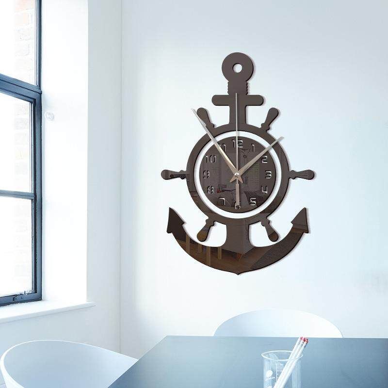 Anchor Wall Clock Nautical Pirate Ship Wheel Hanging 3D Mediterranean Style Black