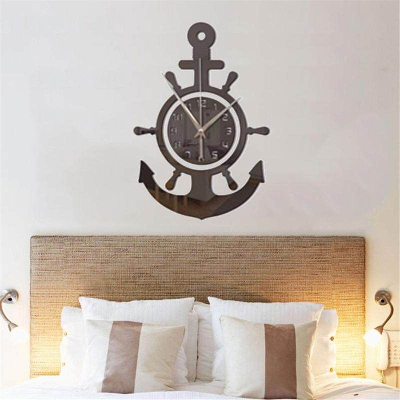 Anchor Wall Clock Nautical Pirate Ship Wheel Hanging 3D Mediterranean Style Black